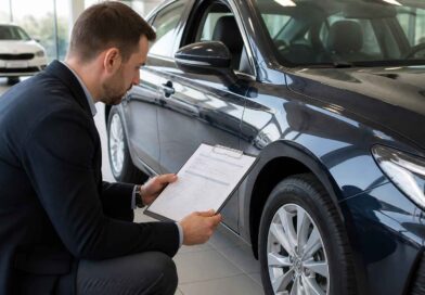 Mężczyzna w garniturze sprawdza dokumenty przy granatowym samochodzie w salonie dealerskim