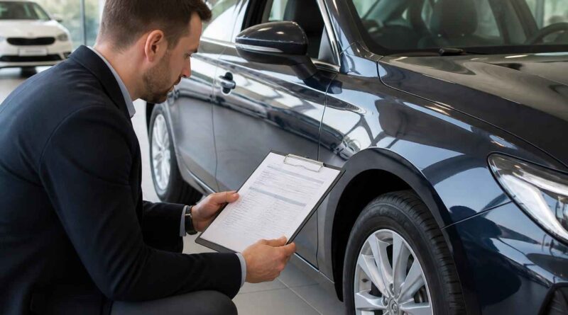Mężczyzna w garniturze sprawdza dokumenty przy granatowym samochodzie w salonie dealerskim